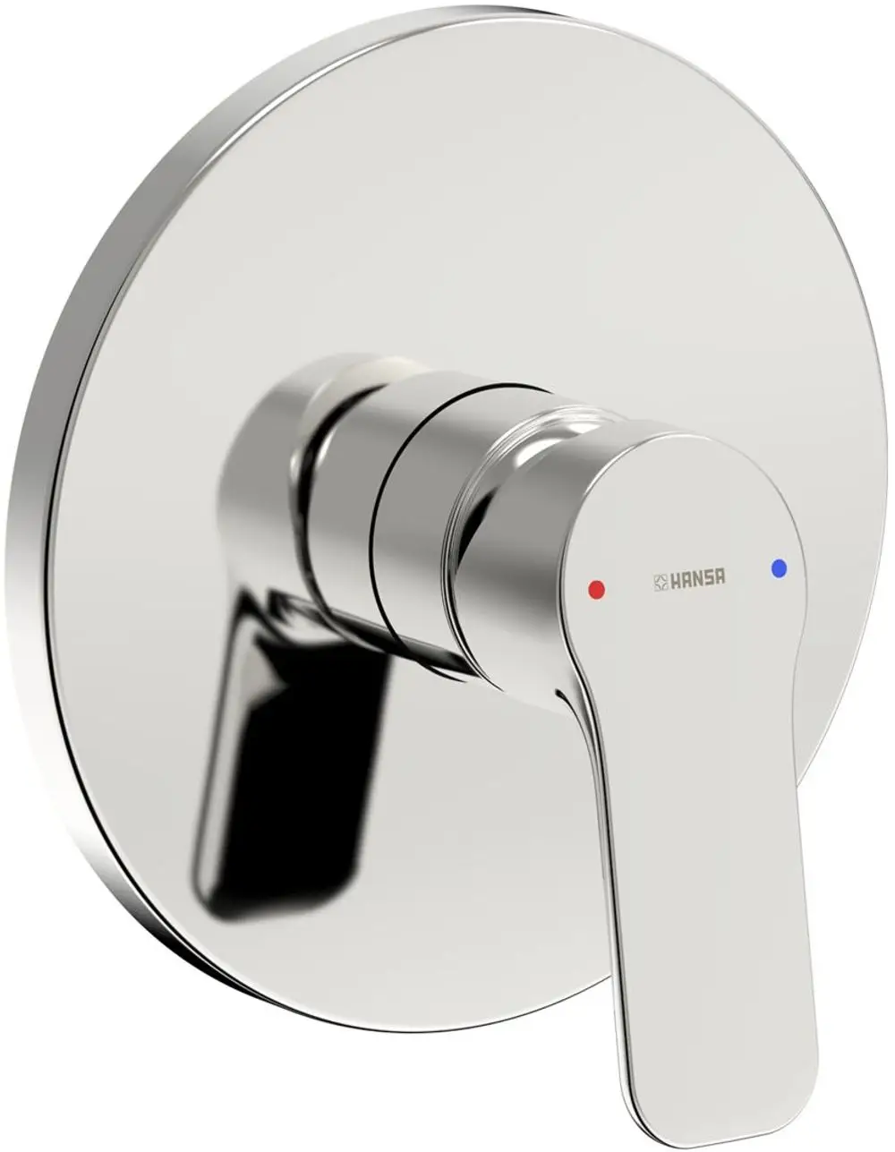 Wandmontierte Mischbatterie in Chrom-Finish von HANSA mit Hebel zur Temperatur- und Wassermengenregelung. Runder Plattensteg als Montagebasis.